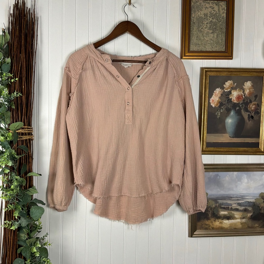 Gauze Henley Top Womens Medium Pink Excellent Raw Hem Long Sleeve